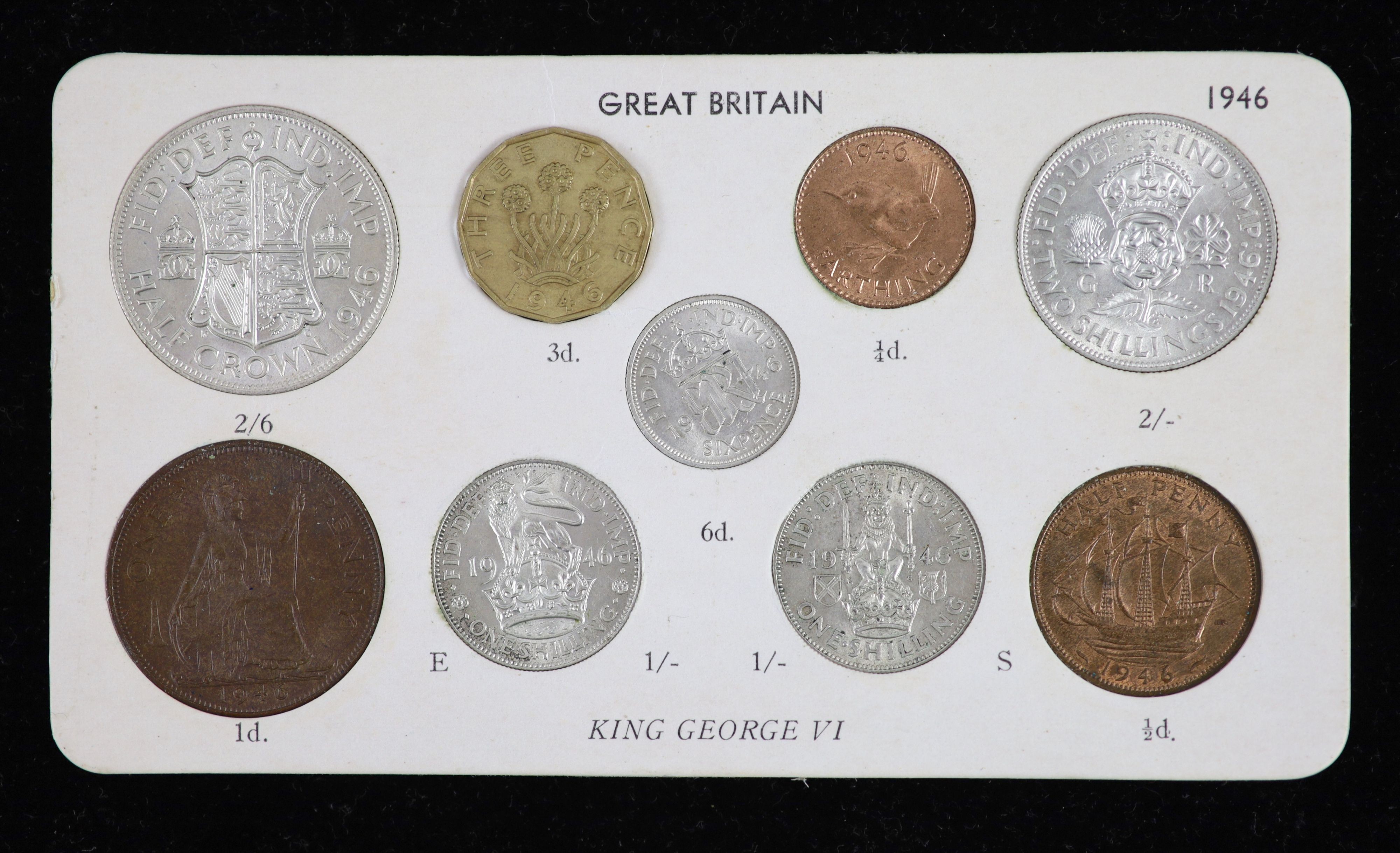 George VI nine coin specimen set for 1946, first issue, including the rare 1946 brass threepence (S4112), about EF, rare in this grade or higher